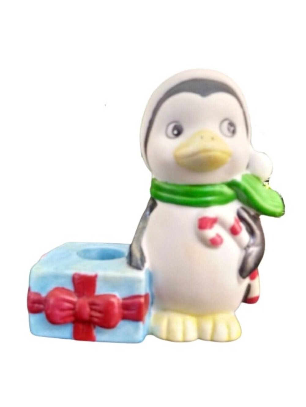 Penguin Christmas Candle Holder JSNY Holiday Friends White Bisque Santa Hat VTG